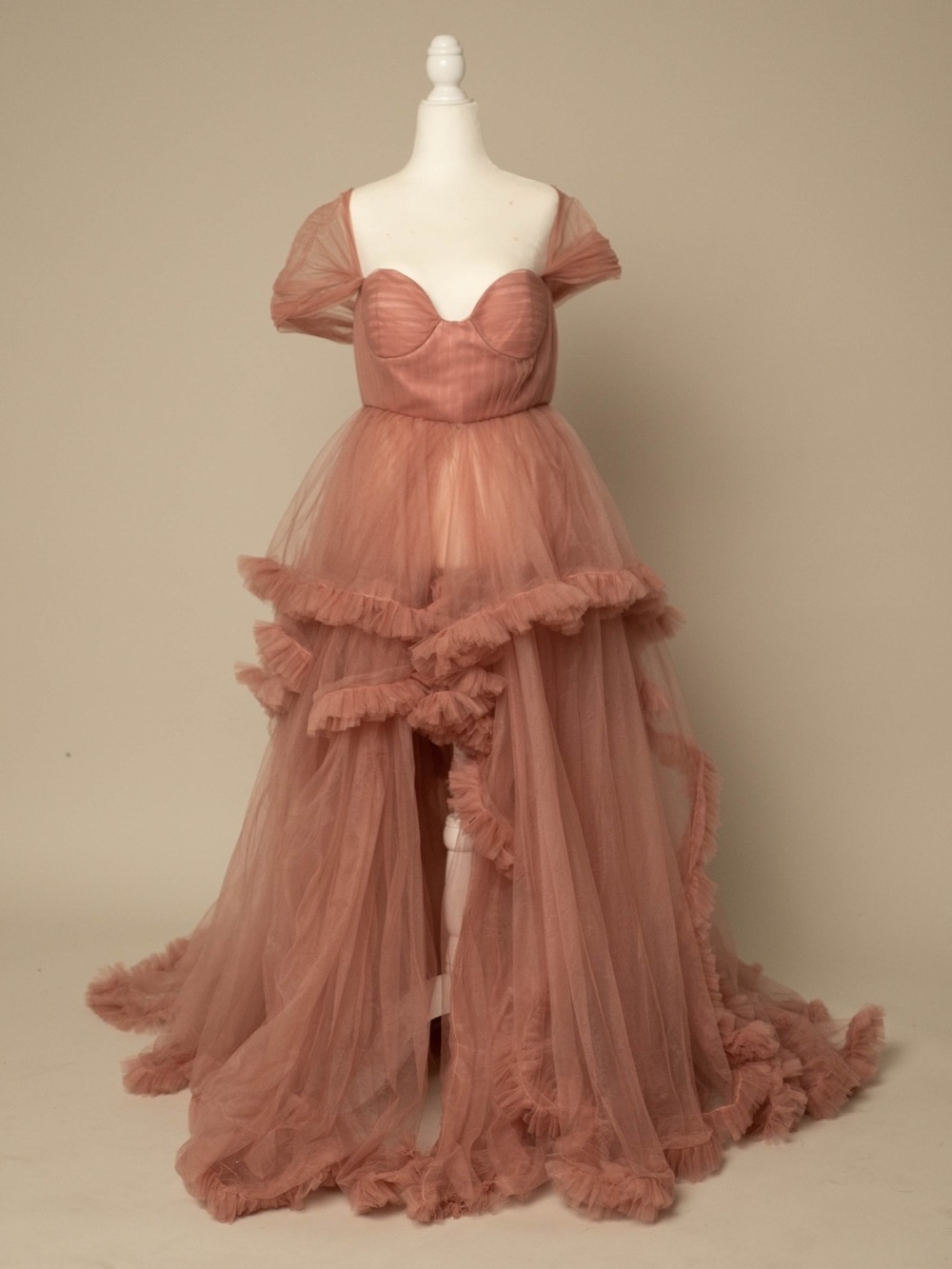Romantic Mauve Tulle Ruffle High-Low Gown w/ matching baby dress
